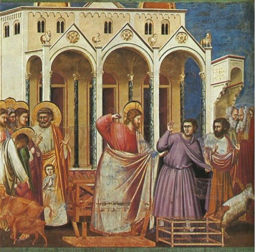 Giotto di Bondone (1267-1337), Cappella Scrovegni a Padova, Life of Christ, Expulsion of the Money-changers from the Temple