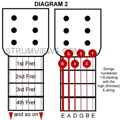 The strings and frets of the guitar